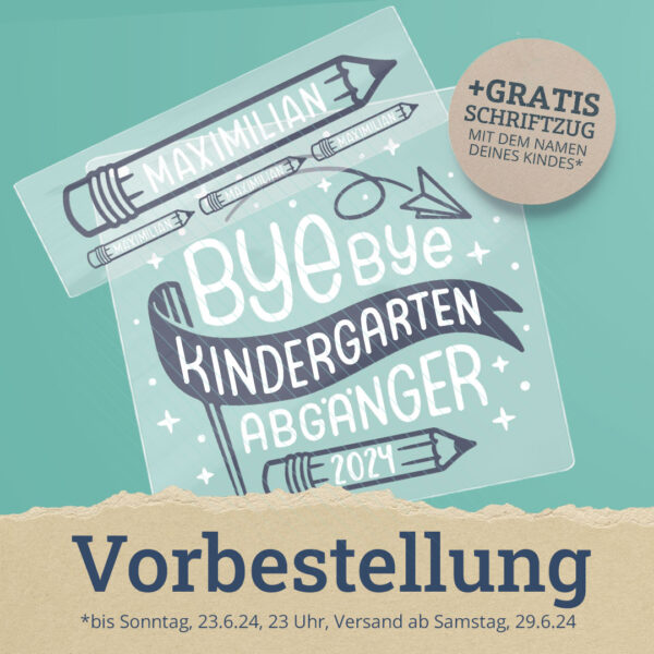 Bügelbild "Bye bye Kindergarten - Abgänger 2023" Schulkind Bügelmotiv