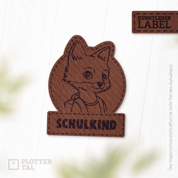Kunstleder Label "Schulkind mit Fuchs" für Kinder - Applikation EInschulung